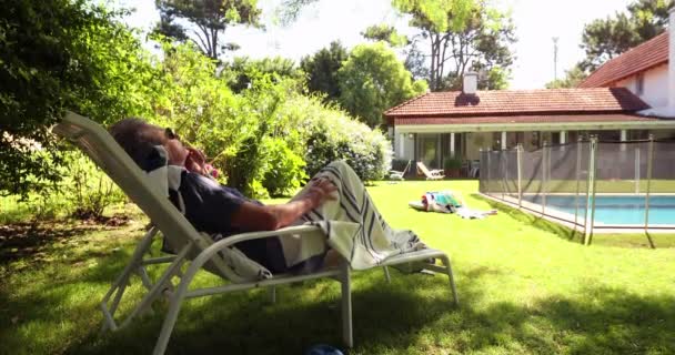 Senior Pensive Man Resting Backyard Home Older Retired Man Lying — Wideo stockowe