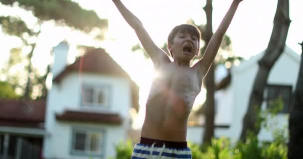 Boy Raising Arms Sky Clenching Fists Victory Celebration Lens Flare — Vídeo de stock