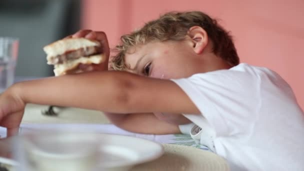 Băiatul Drăguţ Mănâncă Hamburger Blonda Baiat Copil Muscatura Burger — Videoclip de stoc