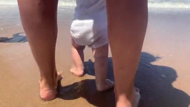 Infant Feet Toes Walking Sea Shore Beach — Stock Video