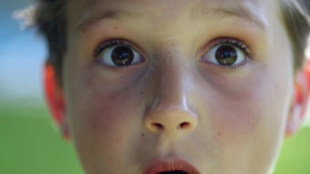 Shock Surprised Reaction Child Boy Close Face Eyes Reacting Horror — Stockvideo