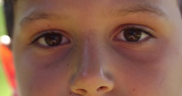 Pensive Child Eyes Looking Camera Close Young Boy Macro Eye — 비디오