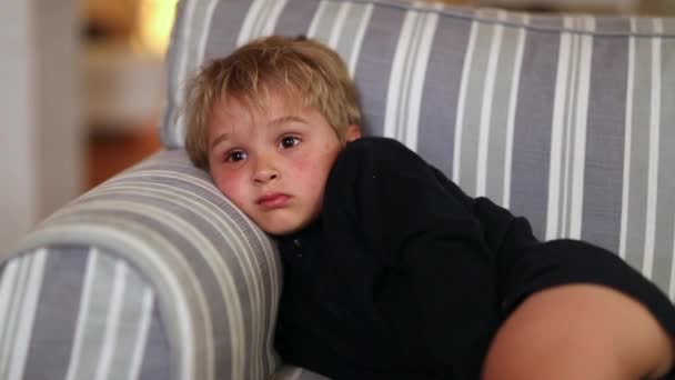 Cute Toddler Boy Lying Couch Night Watching Movie — Stock Video