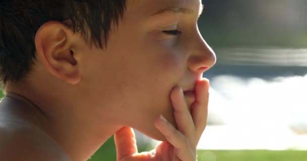 Pensive Child Boy Thinking Hand Chin Contemplative Thoughtful Kid Outdoors — Vídeo de Stock