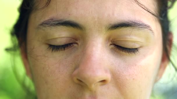 Macro Close Woman Closing Eyes Meditation Contemplation — Stockvideo