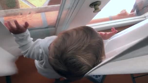 Bebé Con Ganas Salir Exterior Manos Niño Pequeño Sosteniendo Perilla — Vídeo de stock