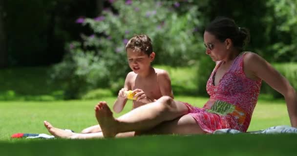 Candid Mother Child Together Lying Home Lawn — Stock Video