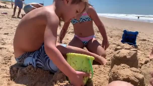 Children Beach Building Sandcastle Bucket — Stock Video