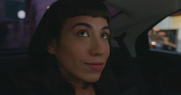 One Happy Hispanic Woman Car Backseat Looking Out Vehicle Window — стоковое фото