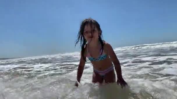 Happy Little Girl Child Beach Shore Water — Stock video