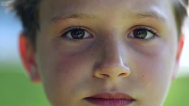 Young Boy Face Turning Head Camera Portrait Close Eyes Closing — стоковое видео