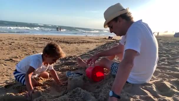 Grand Père Petit Fils Jouant Bâtiment Château Sable Plage — Video