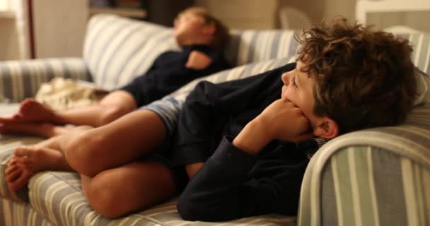 子供たちはテレビで夜映画を見ている ソファに寝そべって — ストック動画