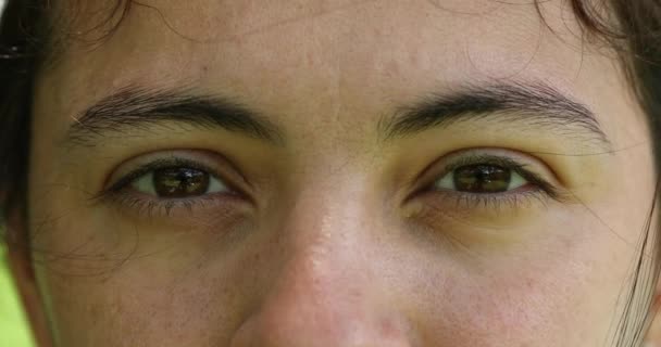 カメラを見ている女性の目 マクロな女性の目の詳細は カメラを見つめてクローズアップ — ストック動画