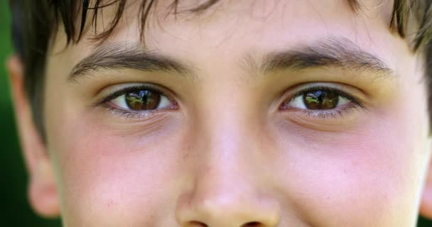 Närbild Unga Pojkögon Tittar Kameran Leende Makro Ögon Närbild Barn — Stockvideo