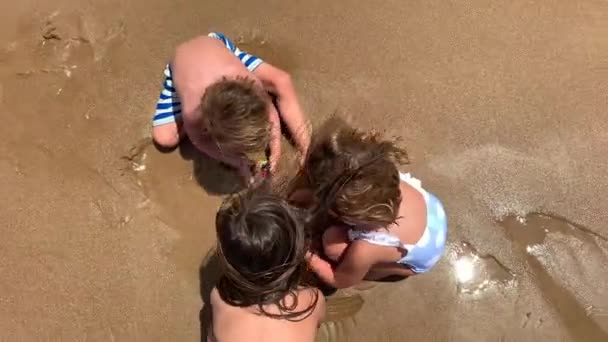 Kinderen Aan Het Strand Spelen Met Zand Kinderen Van Bovenaf — Stockvideo
