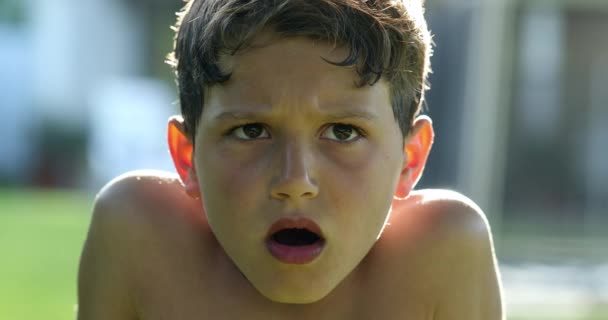 Concerned Pensive Child Boy Thinking Mouth Open Shock — Stok video