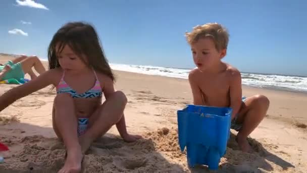 Two Brother Sister Playing Beach Shovel Bucket — Stock Video