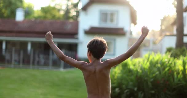 Kid Raising Arms Air Young Boy Child Victory Stand Raises — Vídeo de Stock