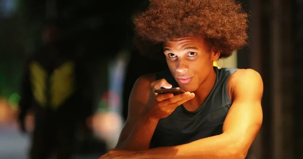 African Black Man Sending Voice Message Smartphone — Stock Fotó