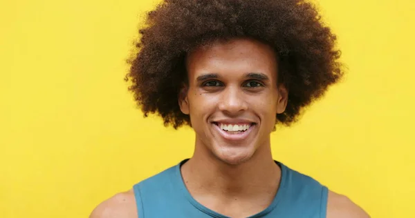 African American Mixed Race Young Man Smiling Yellow Background — Stockfoto