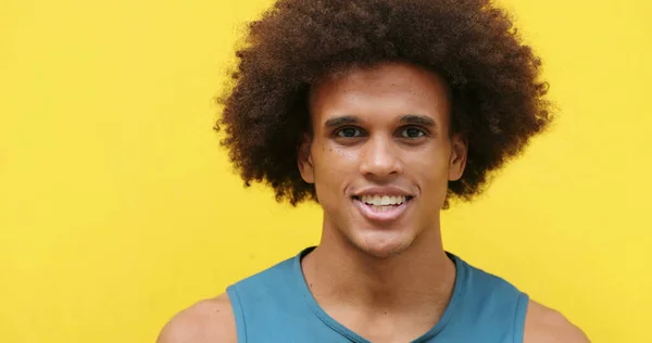 African American Mixed Race Young Man Smiling Yellow Background — Stockfoto