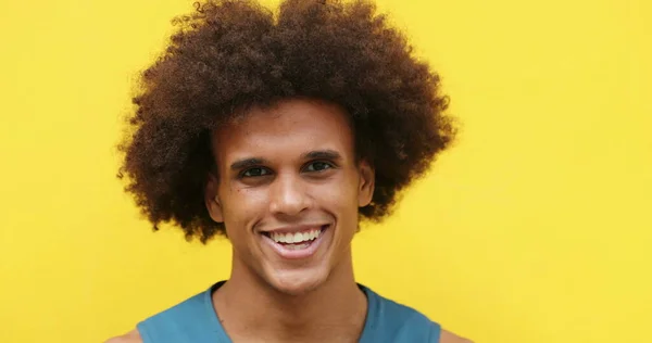 African American Mixed Race Young Man Smiling Yellow Background — Stockfoto