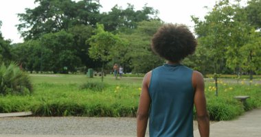 Back of african american person walking in nature outdoors, contemplating thinking about life