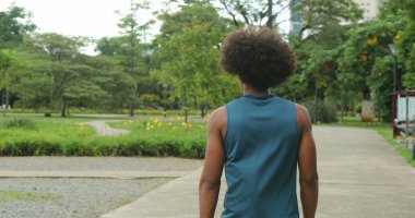 Back of african american man walking at park