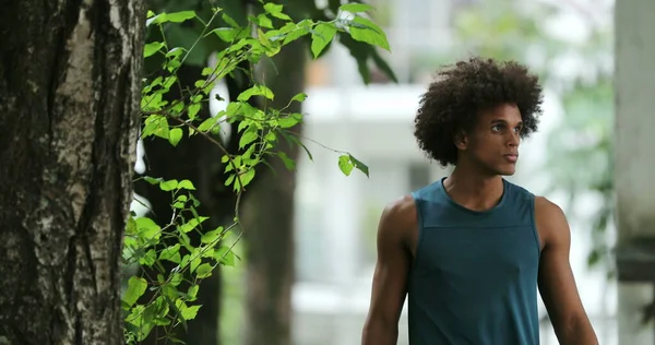Contemplative Sportive Young Handsome Mixed Race African Black Man Walking — Stock Fotó