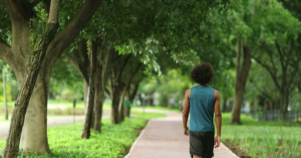 Back African Black Man Walking Nature Pathway Park — Stockfoto