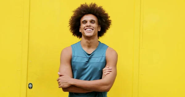 Confident Handsome Young African American Black Man Smiling Yellow Background — Stock fotografie