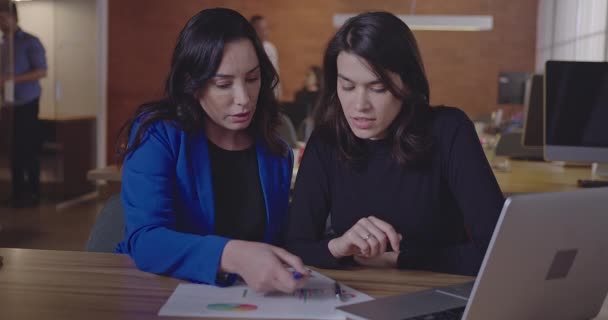 Ofis Masasında Kadın Çalışanlarla Oturan Grafikleri Istatistikleri Onaylayan Kıdemli Bir — Stok video
