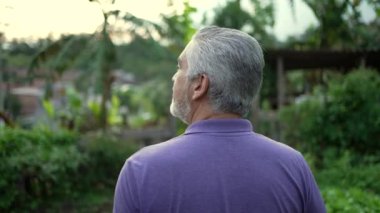Back of contemplative senior man walking forward in nature. Pensive older person walks outdoors in contemplation