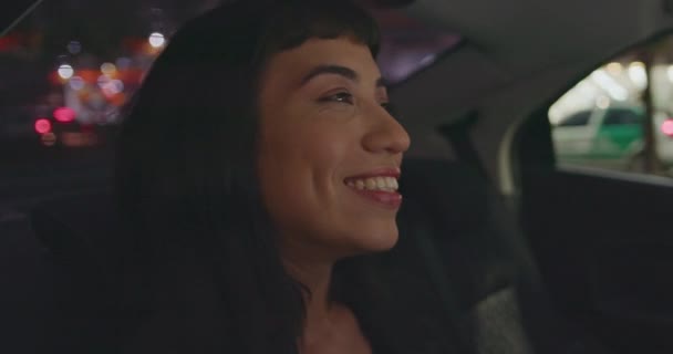 Happy Female Passenger Backseat Car Smiling While Looking Out Taxi — Video