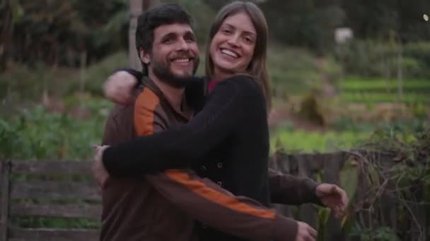Two Friends Embrace Male Female People Hugging Each Other Night — Vídeos de Stock