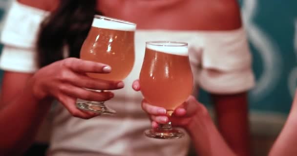 Duas Mãos Femininas Batendo Cervejas Rascunho — Vídeo de Stock