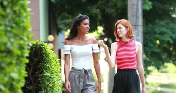 年轻的多种族妇女走在城市的人行道上 两个女孩聊天聊天 — 图库视频影像