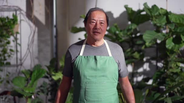 Portrait Asian Middle Age Man Wearing Green Apron Standing Green — ストック動画