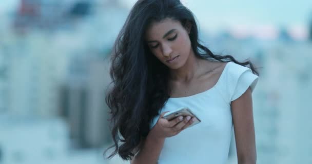 Young Pretty African Woman Using Cellphone Device While Overlooking Urban — Stock Video