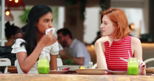Multiracial Girlfriends Eating Meal Restaurant — Stock Video