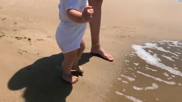Cute Baby Infant First Steps Beach Shore — Stock Video