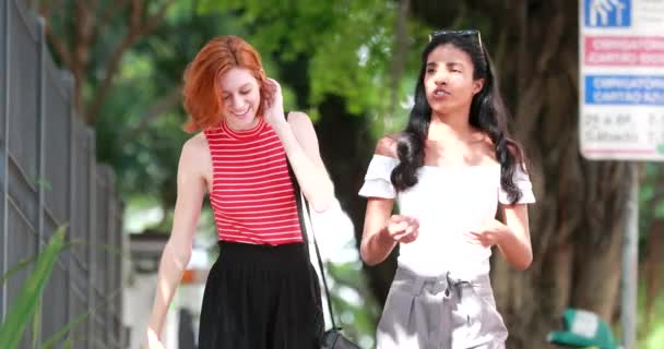 Duas Namoradas Multirraciais Andando Calçada Cidade Durante Dia — Vídeo de Stock