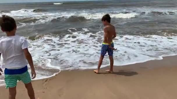 Children Beach Being Playfun Running Away Water Waves — Stock Video