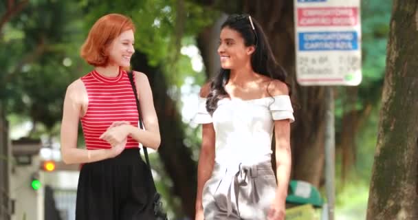 Zwei Multiethnische Freundinnen Spazieren Durch Die Stadt Lächeln Und Lachen — Stockvideo