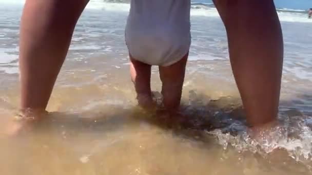 Cute Baby Beach Shore Playing Water — Stock Video