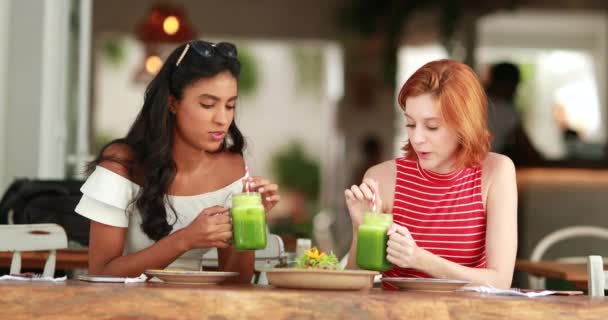 多元文化的朋友在一起 喝着天然健康的绿色果汁 — 图库视频影像