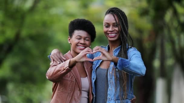 Two Black Women Making Heart Symbol Together Friends Joining Hands — Stock Video
