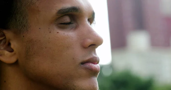 Handsome Young Black African Man Taking Deep Breath Meditating Smiling — Photo