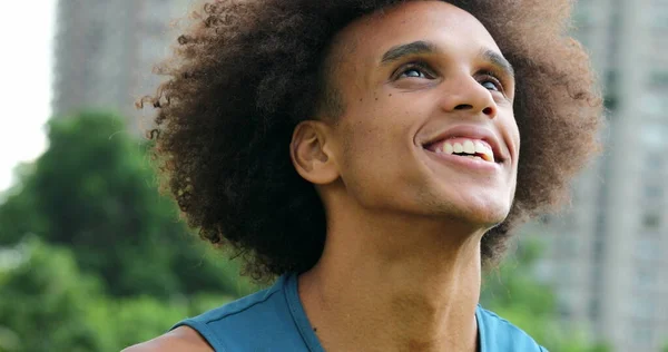 Handsome Young Black African Man Taking Deep Breath Smiling — Zdjęcie stockowe